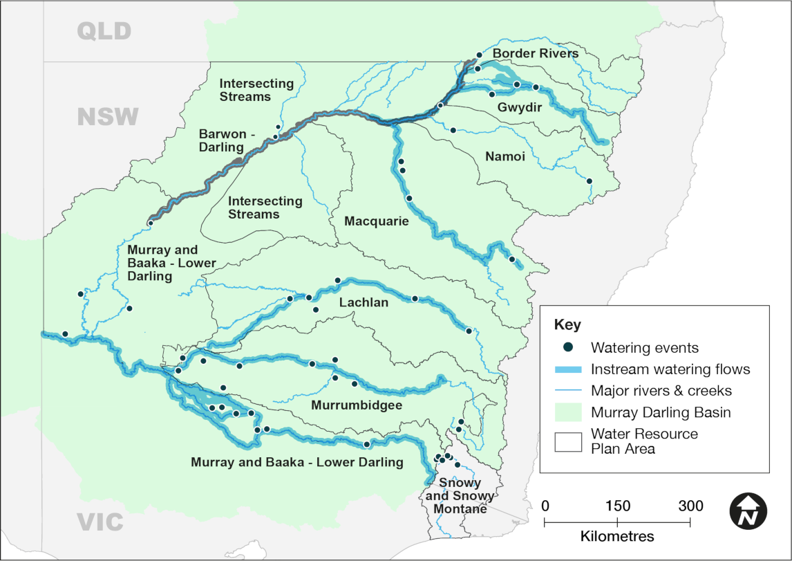 Map of New South Wales (NSW) showing water catchment areas in light green, major waterways in thick blue lines, and locations of water deliveries for the environment in 2023-24 marked by blue dots. Catchment areas include the Barwon-Darling, Border Rivers, Gwydir, Intersecting Streams, Lachlan, Macquarie, Murrumbidgee, Namoi, Murray Baaka - Lower Darling and Snowy. The map includes a key that explains symbols used on the map, an arrow indicating north, and a scale bar in kilometres.