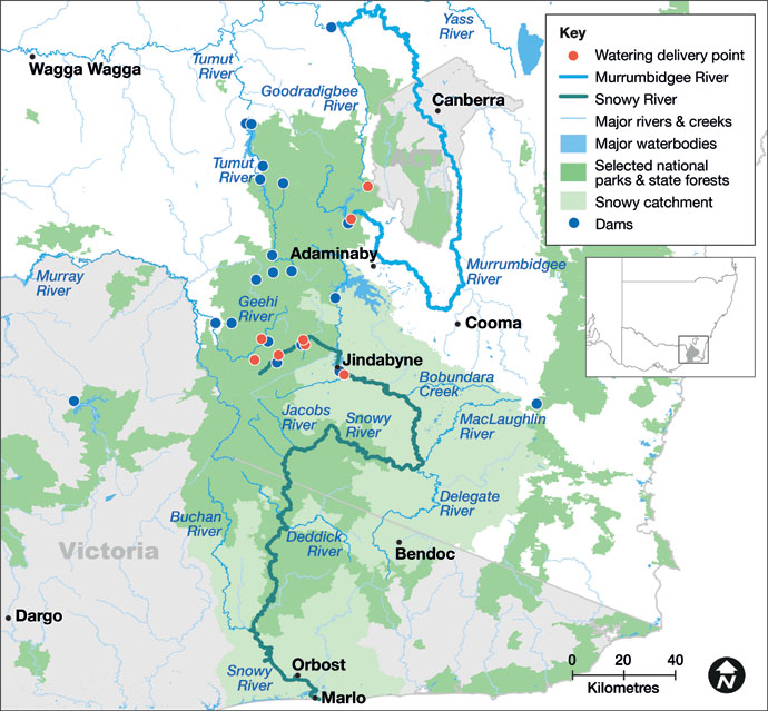 Map of sites in the Snowy montane catchment where environmental water was delivered in the 2022–23 water year