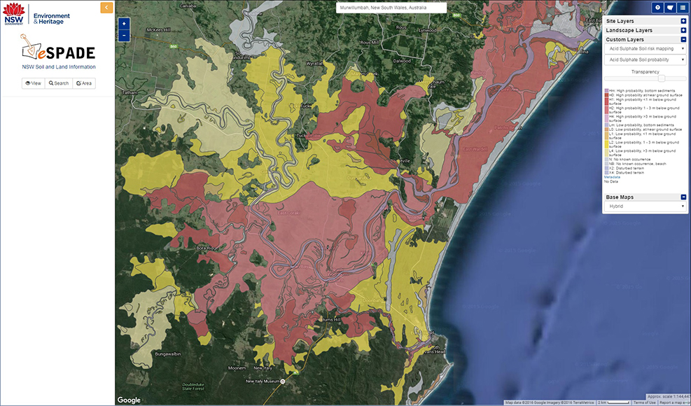 eSPADE screenshot of acid sulfate soils risk map Ballina