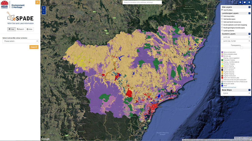 Landuse layer in eSPADE with the Hunter catchment selected and a satellite background chosen.