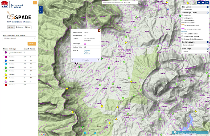 eSPADE screenshot of topsoil and pH Mt Warning