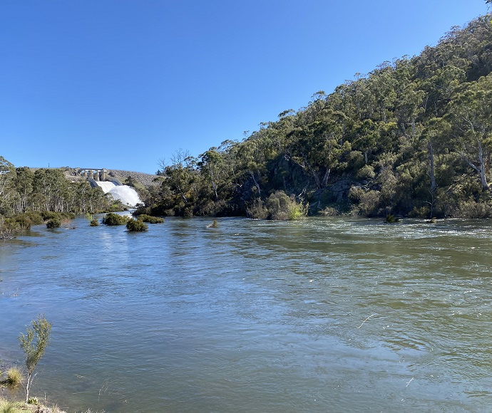 View of environmental flows being released from Jindabyne Dam into the Snowy River