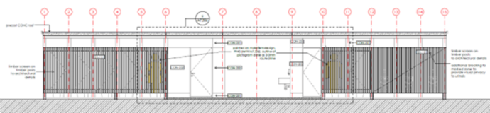 An architectural drawing of the new amenities building, drawn in  black and white, with key points numbered in red indicating the different zones and features of the amenities. There is text however due to the small size of the image it is impossible to read.