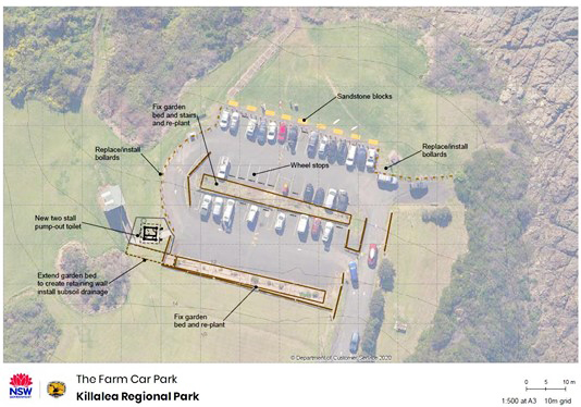 Map of Killalea Regional Park Farm Car Park, detailing the layout of parking areas, pathways, and nearby facilities, with labels indicating key locations and features within the park