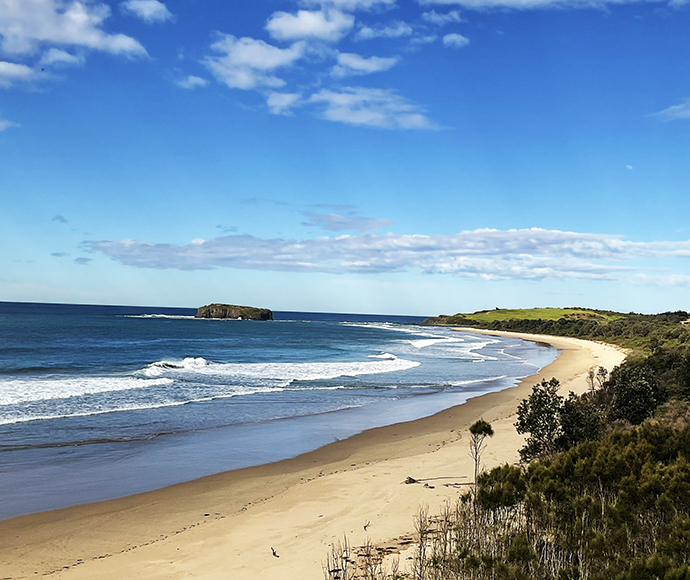 Scenic view of Killalea Regional Park and Killalea Beach, featuring a pristine coastline with waves crashing onto the shore, surrounded by lush greenery and rocky outcrops.