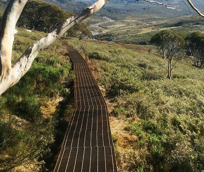 Steel mesh on the new walking track from Charlotte Pass to Guthega