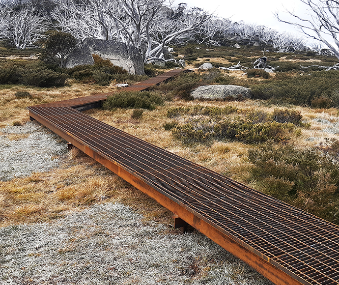 Steel mesh walkway on the Charlotte Pass to Perisher Valley track.