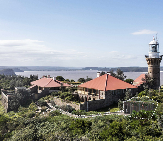 Photo of Barrenjoey headland with proposed new amenities outlined by dotted white line. The illustration shows the layout of the amenities in relation to the surrounding landscape, highlighting the integration of the structure within the natural environment.