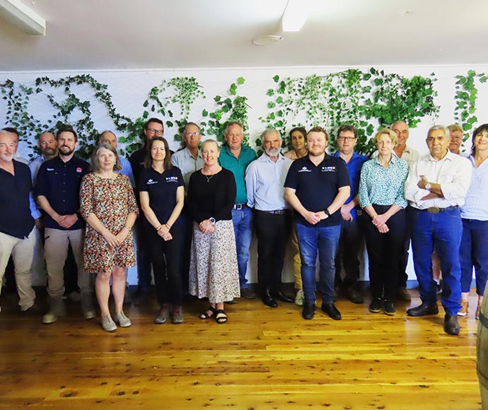 A group of individuals standing in a room with their faces obscured for privacy. They are dressed in various styles of clothing, including business casual and formal attire. The room has wooden flooring and a wall adorned with green leafy plants behind them.