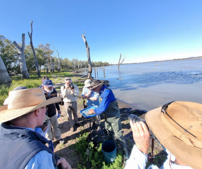 A group of individuals wearing hats and casual outdoor clothing gathered around a table by a body of water, possibly engaged in an environmental study or recreational activity. The setting includes dead trees, clear skies, and calm water, indicating an interest in nature or conservation efforts.