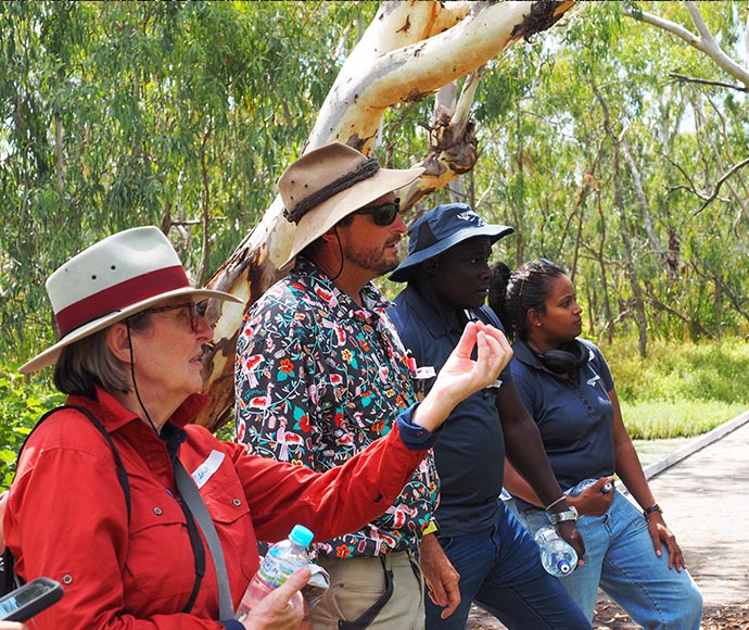 Four individuals on a nature walk, with their faces obscured for privacy, surrounded by vegetation and a tree with white bark.