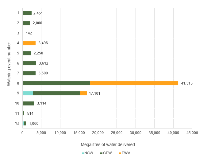 Bar chart showing water delivery to the Murrumbidgee catchment in the 2019-20 water year. A summary of 80,493 megalitres of water for the environment delivered in the Murrumbidgee catchment. Volumes are indicative only. Watering event numbers in the bar chart and table relate to location numbers marked on the map.