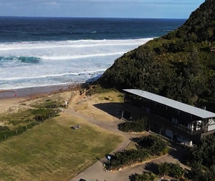 Aerial view of the Garie Beach and surf club, Royal National Park.