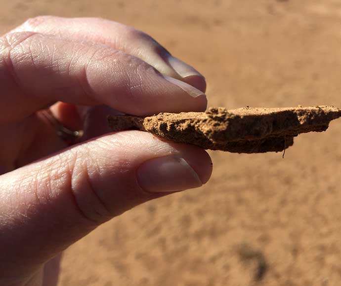 Fingers pinching a chunk of solid soil crust, with a barren desert background