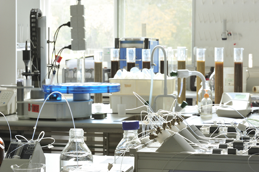  Technical equipment for various soil tests sits on bench tops at the Soil Health and Archive laboratory located at Yanco.