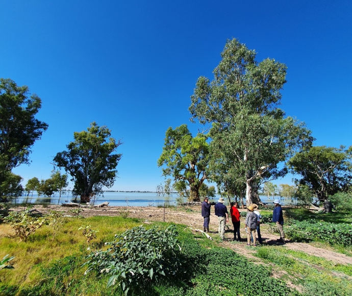 A group of six people standing and talking, on a track leading to a flat expanse of water, with trees and a clear blue sky behind them