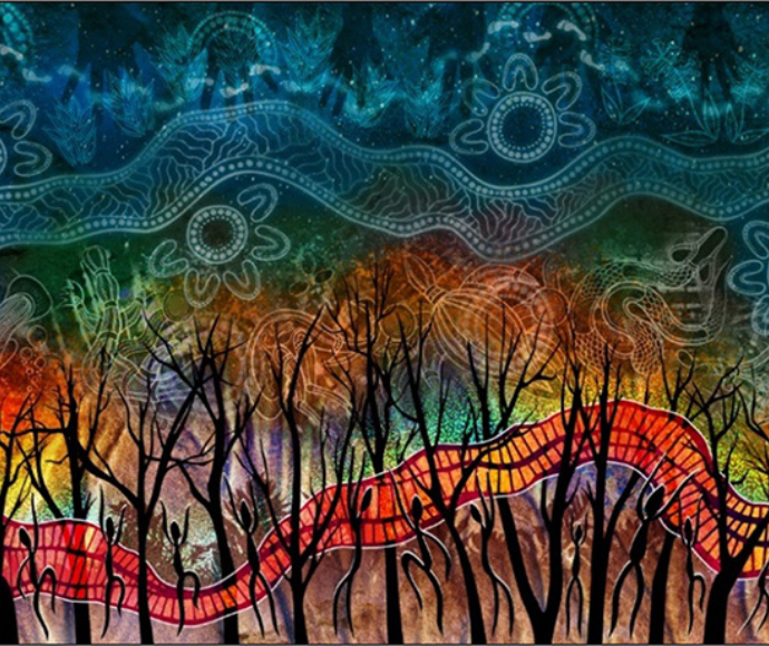 An expressive artwork titled Yirrayirra Waga-Dyi features traditional Aboriginal patterns with vibrant colours like red, yellow, blue, and black. The painting includes intricate dots, lines, and organic shapes, symbolising connections to land, water, and cultural stories. Flowing in circular and wave-like patterns, the artwork captures themes of nature and ancestral heritage. Its dynamic composition and earthy tones celebrate Aboriginal cultural heritage, showcasing the depth and storytelling.