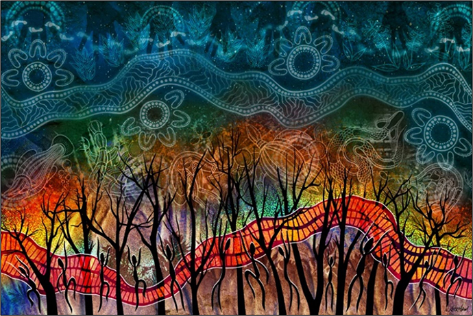 An expressive artwork titled Yirrayirra Waga-Dyi features traditional Aboriginal patterns with vibrant colours like red, yellow, blue, and black. The painting includes intricate dots, lines, and organic shapes, symbolising connections to land, water, and cultural stories. Flowing in circular and wave-like patterns, the artwork captures themes of nature and ancestral heritage. Its dynamic composition and earthy tones celebrate Aboriginal cultural heritage, showcasing the depth and storytelling.