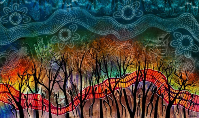 An artwork created for the Aboriginal joint management project by Aboriginal artist Nathan Peckham, who is a proud Tubba-gah man from Wiradjuri Nation. Yirrayirra Waga-dyi means 'Bush Dance' in Wiradjuri language. The artwork draws inspiration from the theme of Aboriginal people managing Aboriginal Country and Culture on park reserves in partnership with NPWS. It is a celebration of their connection to the land, sea, waters, and sky. 