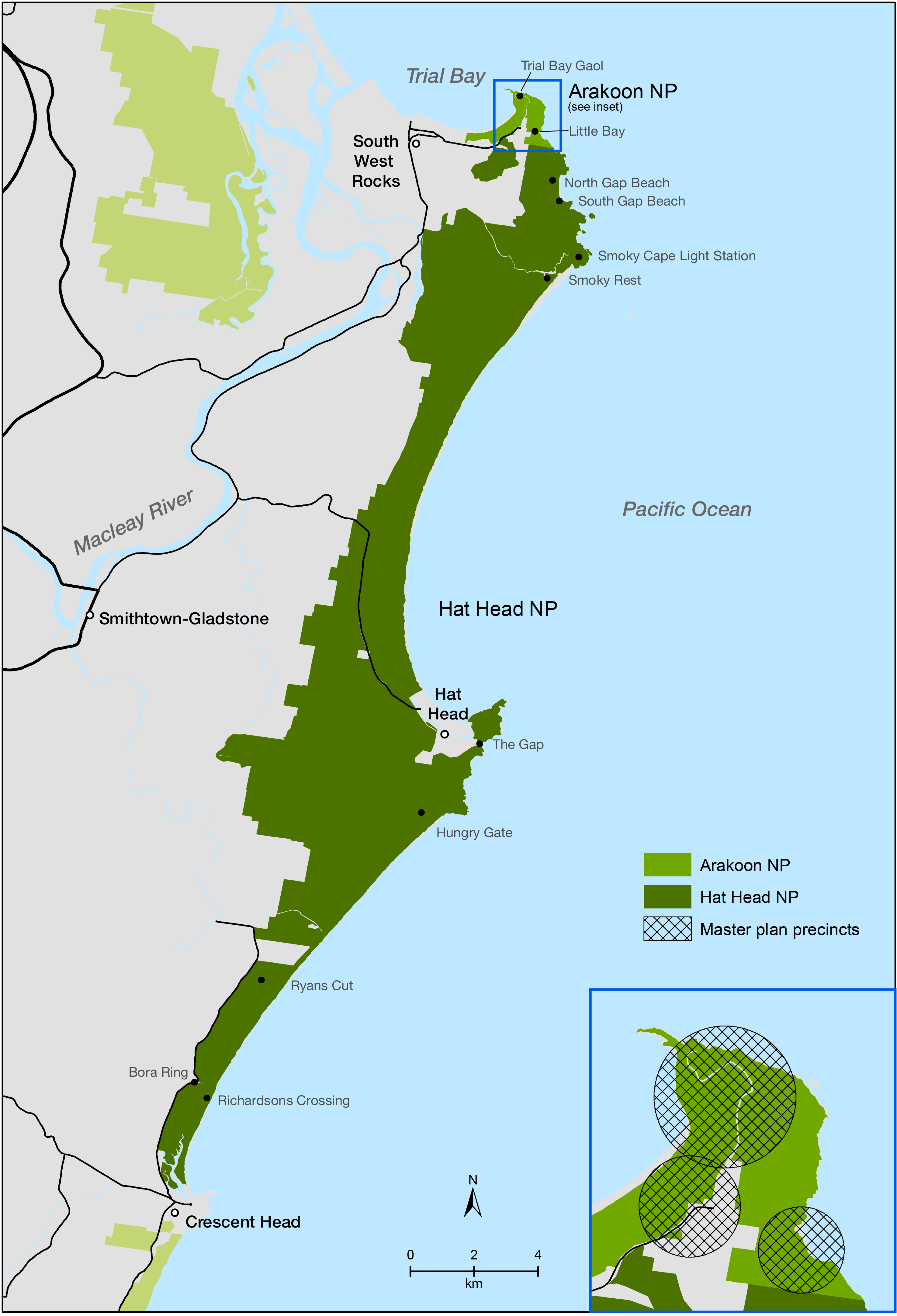 Map detailing the Plan of Management for Arakoon National Park and Hat Head National Park, highlighting key areas, trails, and management zones within the parks.