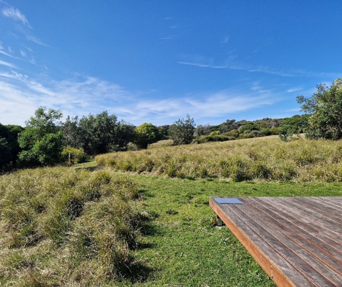 The corner of a raised timber platform is visible in a green clearing in bushland.