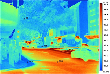 City surface temperatures can be 10–20 degrees hotter than air temperatures because buildings, roads and other hard surfaces absorb and store heat. Numbers on this photo indicate degrees Celsius. The hottest temperatures are indicated in orange to red and the cooler temperatures are blue.