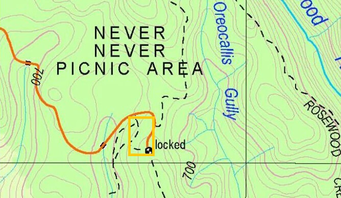 Topographic image showing benching and ground disturbance from old logging trails near Never Never picnic area