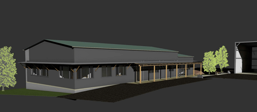 3-D artist impression of the proposed alterations to the main depot building at Dorrigo National Park, featuring a modern design with large windows, a sloped roof, and dark grey walls, surrounded by natural greenery.