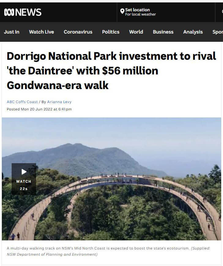 Screenshot of ABC news article titled "Dorrigo National Park investment to rival 'the Daintree' with $56 million Gondwana-era walk"