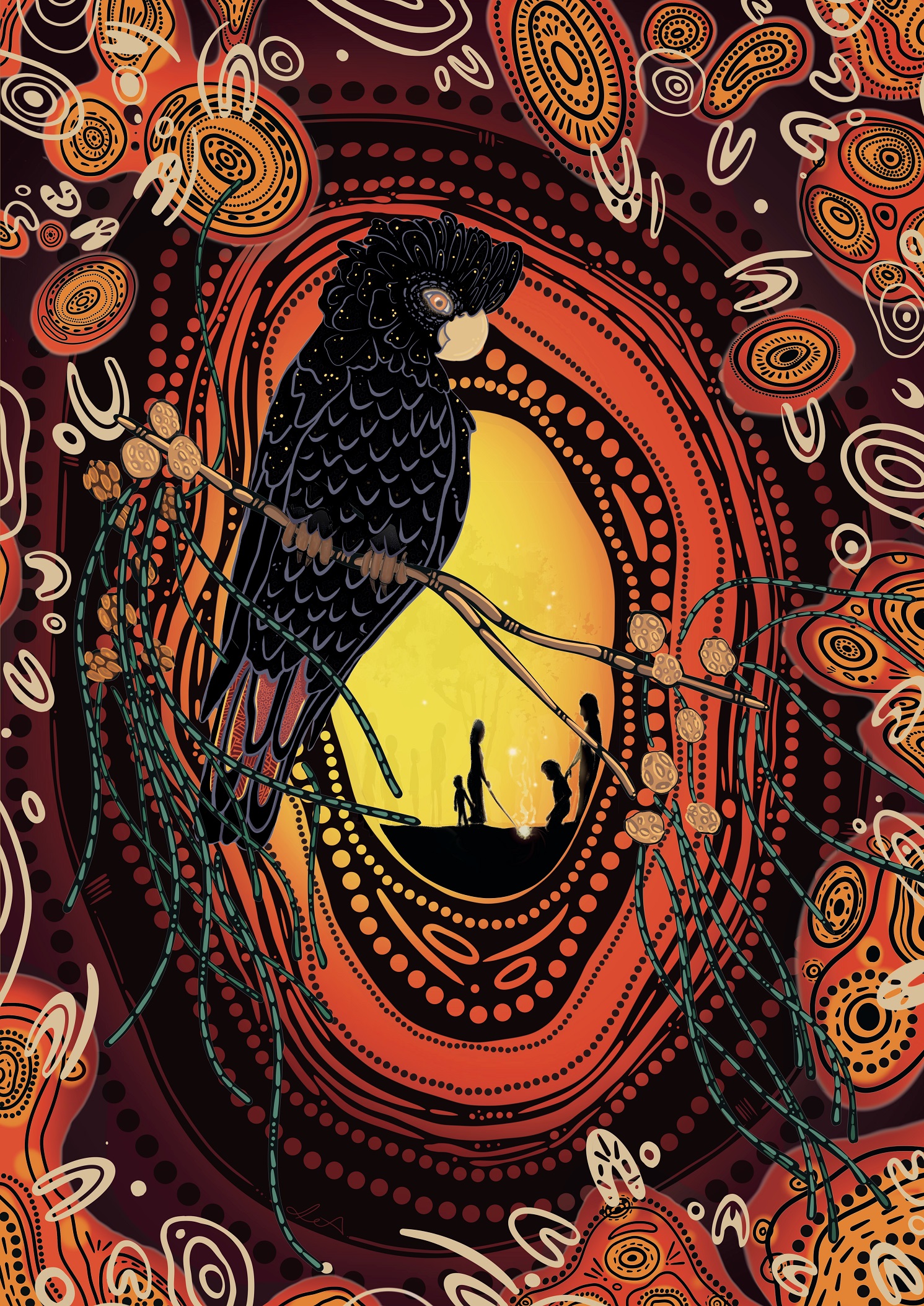 A stylised black cockatoo is perched on a branch against a vibrant sunset. Indigenous art patterns surround it, creating a rich, cultural atmosphere.