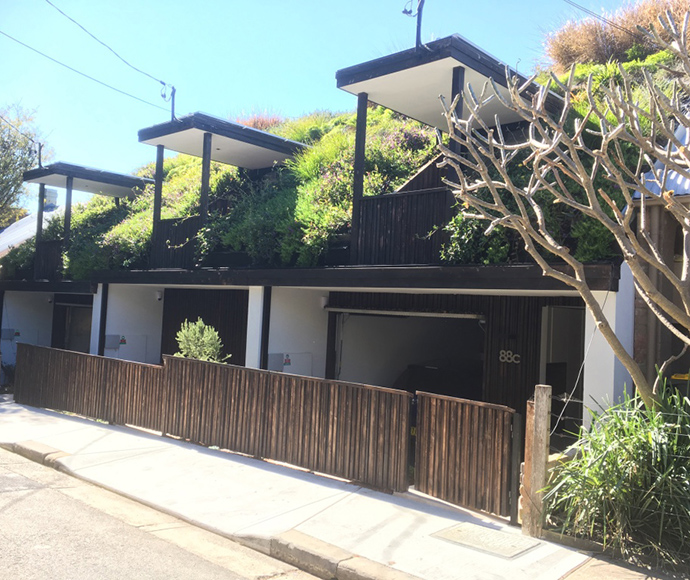 Modern house with a green roof and lush vegetation on multiple levels. It features dark wooden fencing and a contemporary design, creating a natural harmony.