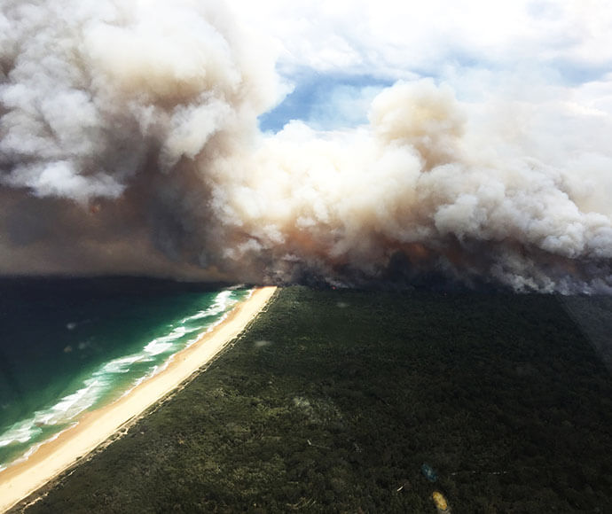 Aerial view of a large wildfire spreading through a forested area near a coastline. Thick, billowing smoke rises into the sky, obscuring much of the landscape. The fire is moving towards the beach, where waves are crashing onto the shore. The contrast between the green forest, the sandy beach, and the dark smoke creates a dramatic and striking scene.