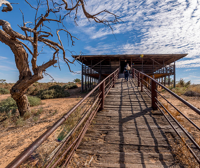 A person walks up a wooden ramp towards a rustic building in an arid landscape. A bare tree stands to the left under a vibrant, partly cloudy sky.