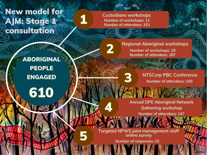 Infographic titled 'New model for AJM: Stage 1 consultation.' It displays the engagement of 610 Aboriginal people through various workshops and surveys. Key activities include 11 custodian workshops with 151 attendees, 19 regional Aboriginal workshops with 187 attendees, the NTSCorp PBC Conference with 100 attendees, the Annual DPE Aboriginal Network Gathering workshop with 147 attendees, and a targeted NPWS joint management staff online survey with 25 responses.