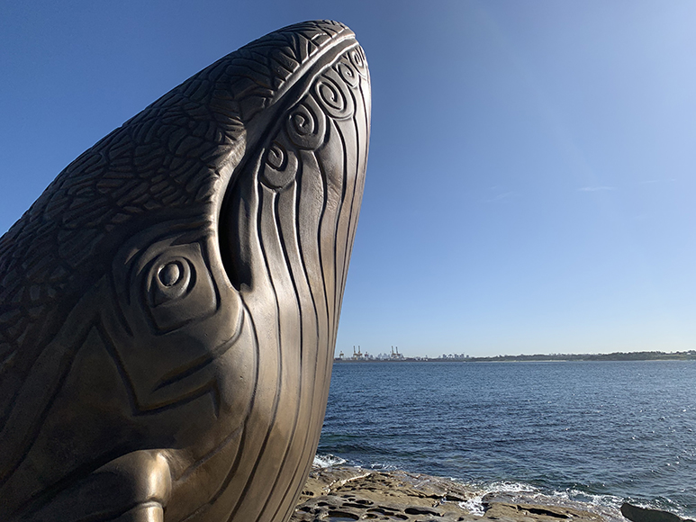 "A bronze whale sculpture in the foreground, featuring detailed carvings for its eyes and mouth. The sculpture sits amidst a tranquil backdrop of calm blue ocean and a smooth rocky shore on a sunny day.