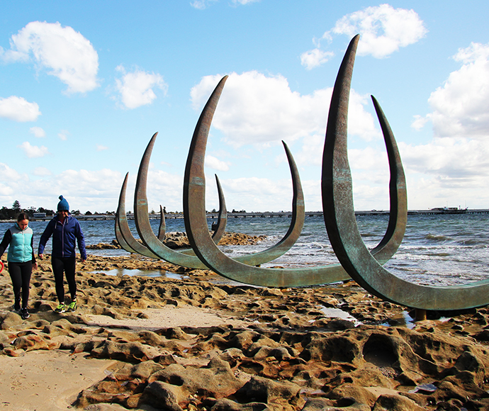 The Eyes of the Land and the Sea - Landscape View: Wide-angle shot of "The Eyes of the Land and the Sea" installation, blending into the surrounding natural environment, symbolizing Aboriginal heritage and the coastal landscape.