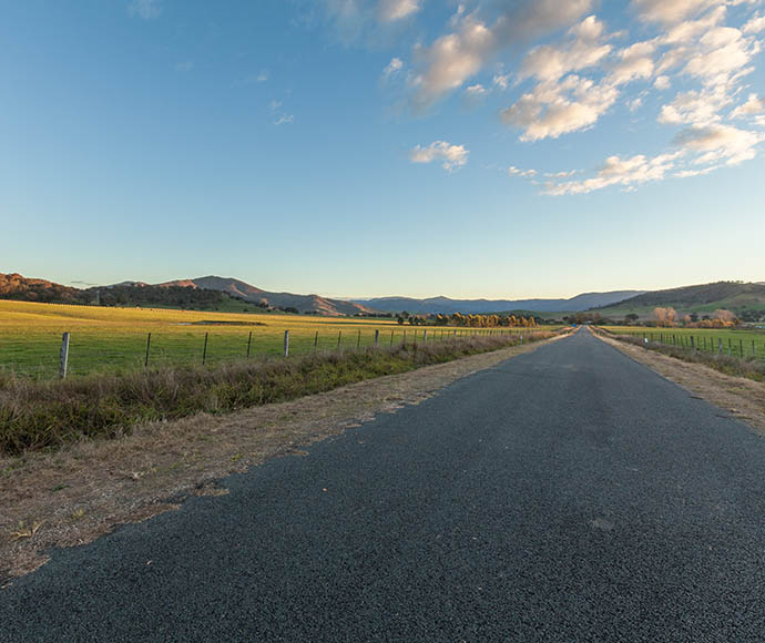 Farmland at sunset along the Alpine Way, Kosciuszko National Park