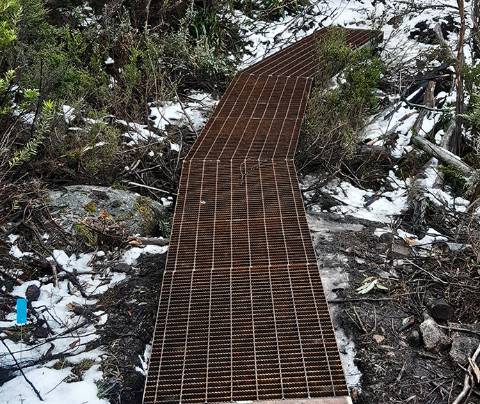 A steel mesh board walk on stage 4 of the Snowies Alpine Walk