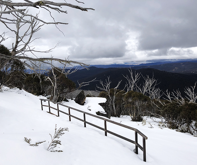 A section of stage 4 of the Snowies Alpine Walk covered in snow