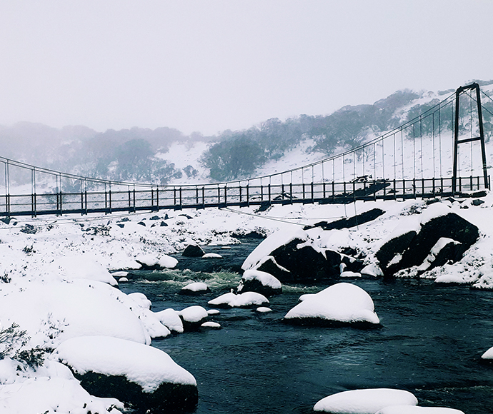 A view of the Spencers Creek bridge surrounded by snow