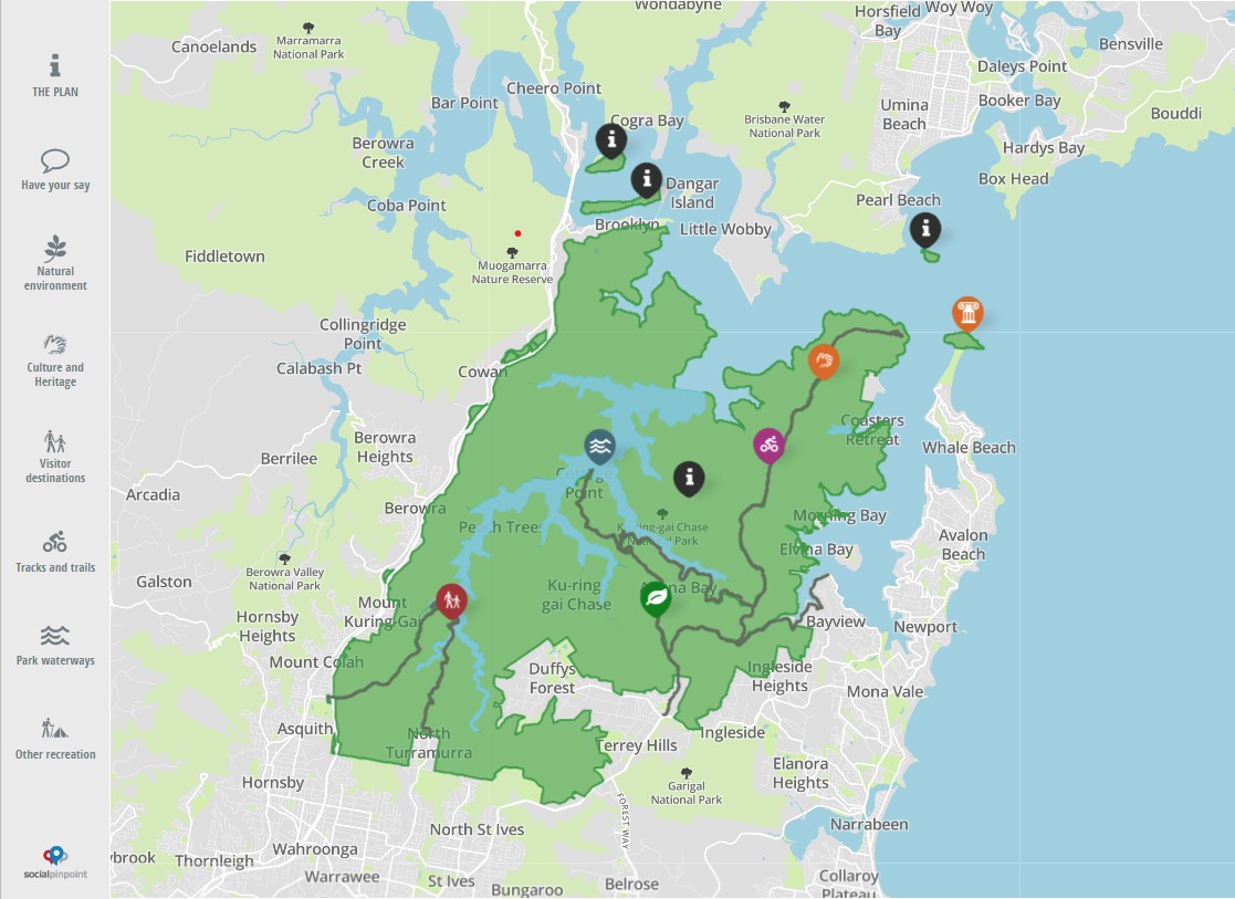 Map of Ku-ring-gai Chase National Park, with locations of the Plan of Management, natural environment, culture and heritage, visitor destinations, tracks and trails, park waterways, and other recreations marked.