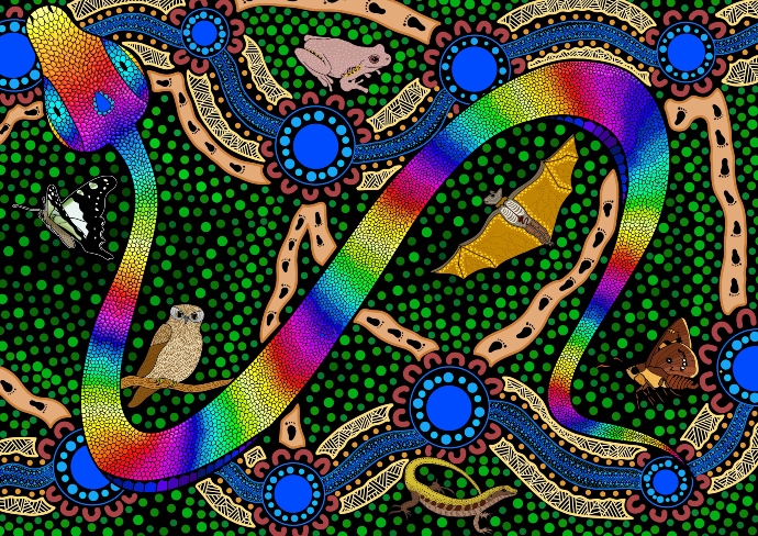 Colorful Aboriginal art featuring a rainbow serpent weaving through earthy patterns with animals: owl, bat, butterfly, frog, and lizard, set against a dotted green backdrop.