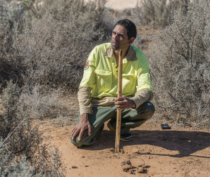 An Aboriginal ranger stands in a clearing among shrubbery in Mungo National Park, with a vast, arid landscape visible in the background. The ranger is part of a guided cultural heritage tour, highlighting the cultural and historical significance of the region.