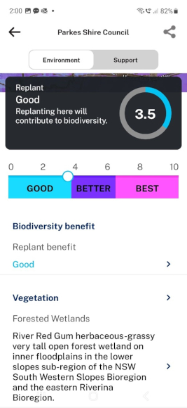 View of the Restore Trees NSW app on mobile, showing a replanting benefit score and vegetation information for a selected area.