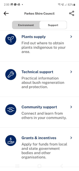 View of the Restore Trees NSW app on mobile, showing options for support and plants supply for a selected area.