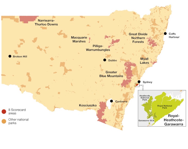 A coloured map of New South Wales highlighting the first scorecard site, Royal National Park including Heathcote National Park and Garawarra State Conservation Area