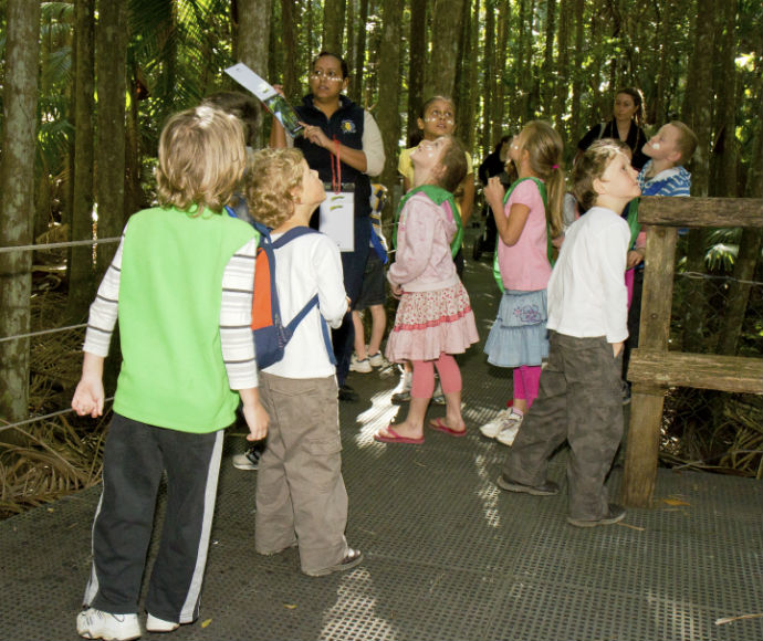 Children engage in an outdoor WilderQuest activity in Sea Acres National Park, exploring nature under the guidance of a park ranger. Surrounded by tall trees and lush vegetation, the group learns about the local environment and Indigenous connections to the land.