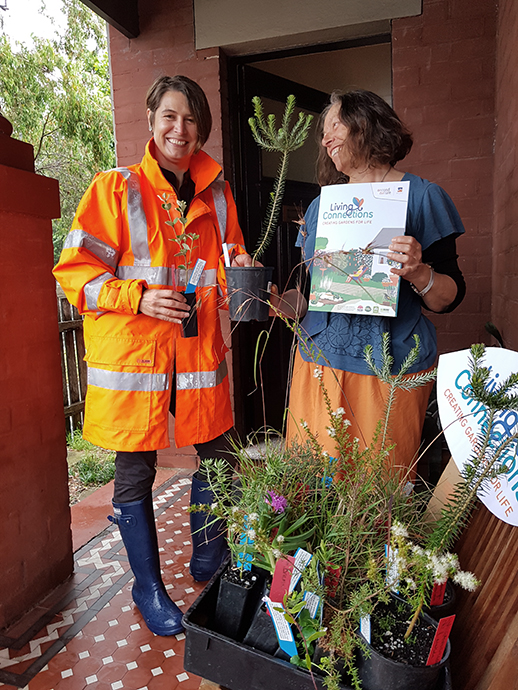 Two women on a front verandah with red brick wall and tessellated tiles, one woman from council in bright orange rain jacket giving native plants to the other who is holding a brochure with Living Connections on the cover.