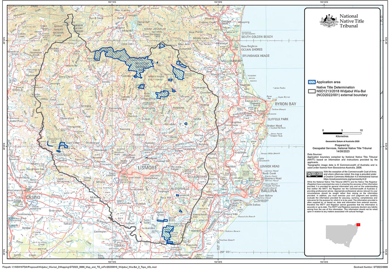 Map depicting the proposed agreement area with the Widjabul Wia-bal People. The map outlines the boundaries of the agreement area, adjacent regions, and significant geographical features such as rivers, roads, and landmarks. The legend on the right side of the map provides symbols and labels for different land use types, natural features, and administrative boundaries.