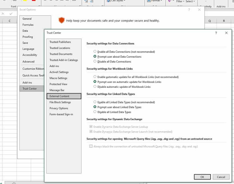 Screenshot of the Trust Center settings in Microsoft Excel, specifically the External Content section. Options include security settings for Data Connections, Workbook Links, Linked Data Types, Dynamic Data Exchange, and Microsoft Query files. Various options are available to enable, prompt, or disable these features.